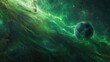 © florynstudio3 - A lone planet, dark and rocky, is suspended in a sea of swirling green gas and streaks of light, all against a backdrop of glittering stars.