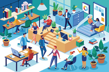 Poster - various professionals interact in a vibrant office space, collaborating, brainstorming, and engaging