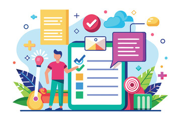 Poster - A young man interacts with digital notes and tasks in a colorful workspace, showcasing creativity and organization through various design elements