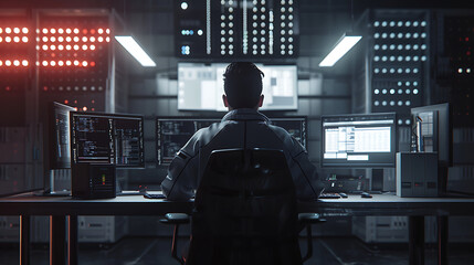 A male IT worker sits at his desk in front of computer monitors and looking computer screen, seen from behind and looking over the of an AI system that processes data on monitor displaying code