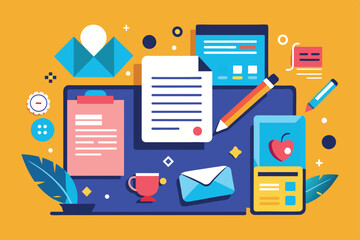Poster - A vibrant arrangement of office supplies, including papers, pens, and digital devices, set against a cheerful yellow backdrop for creative work