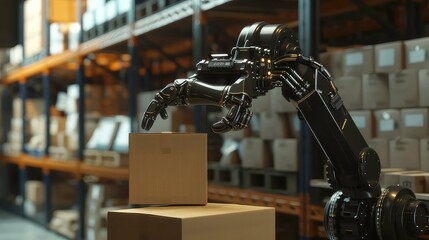 Poster - A black robotic arm is placing a cardboard box on top of another box in a warehouse. The arm is in focus, while the boxes in the background are blurred.