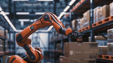Poster - A robotic arm in a warehouse is picking up a box from a pallet, showcasing automation in logistics.