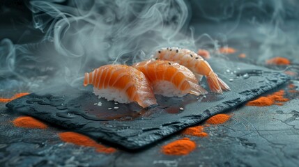 Poster - Gourmet sushi on a black slate plate with smoky background. This high-quality food photo features mouthwatering salmon nigiri. Perfect for culinary blogs and fine dining restaurants. AI