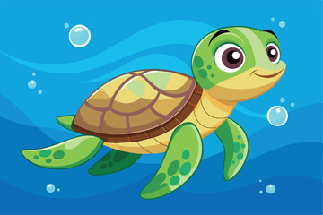 Canvas Print - An adorable turtle swims happily through the clear blue ocean, surrounded by soft waves and playful bubbles, showcasing its charming personality