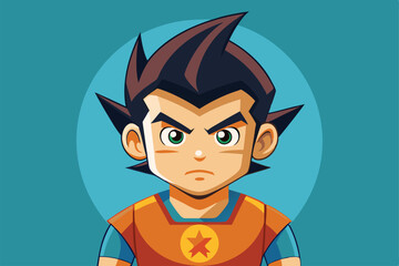 Poster - A young cartoon character with spiky hair displays confidence wearing an orange shirt while standing against a vibrant blue backdrop