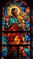 A saint stands with a welcoming gesture, holding flowers, surrounded by colorful stained glass reflections