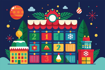 Poster - A vibrant advent calendar showcases festive elements, with colorful doors and decorations set against a wintry backdrop, celebrating the holiday spirit