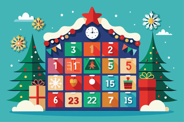 Sticker - A vibrant advent calendar featuring numbered doors, holiday decorations, and snowflakes, inviting excitement for Christmas countdown activities