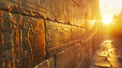 Wall Mural - A close-up view of ancient Egyptian hieroglyphs carved into a stone wall. The sun shines brightly behind the wall, casting a warm glow.