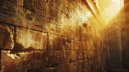 Wall Mural - A narrow passageway between two ancient stone walls, carved with intricate hieroglyphs, bathed in warm golden light.