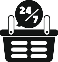 Poster - Black shopping basket with 247 sign symbolizing always open online store