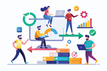Poster - a vibrant illustration depicting a diverse team collaborating on agile project management with chart