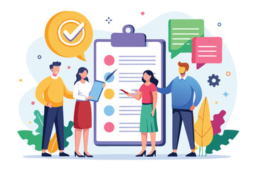 Wall Mural - A diverse group of professionals discusses a customizable agreement while reviewing items on a checklist in a collaborative office setting