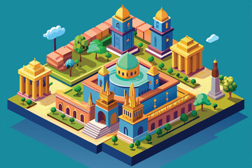 Canvas Print - A vibrant isometric illustration showcasing Ahmedabad’s iconic architecture and lush landscapes, ideal for customization and creative projects