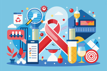 Poster - A vibrant illustration showcasing aids research featuring laboratory tools, medical symbols, and health-related graphics in a modern setting