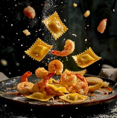 Poster - Shrimp and ravioli floating in mid-air over a dark plate. Captured at the perfect moment, this image shows colorful, vibrant pasta and seafood. Ideal for food blogs, menus, or culinary magazines. AI