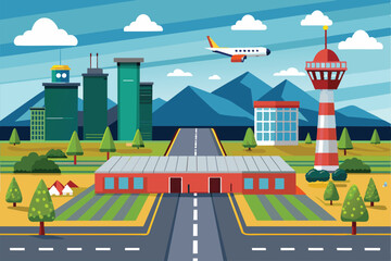 Poster - A colorful airport runway layout showcases an airplane flying above with buildings, trees, and mountains in the background on a clear day