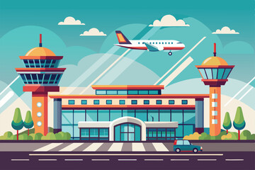 Poster - A colorful illustration of an airport terminal with control towers, an airplane in flight, and a car driving on a sunny day