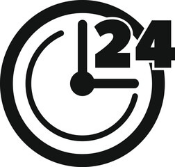 Poster - Simple black and white icon of a clock showing 24 hours, indicating something is available all day and night