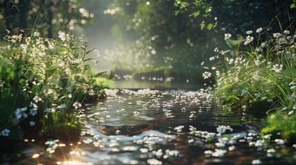 Poster - A serene and tranquil stream running through a dense green forest, perfect for nature and outdoor themed images