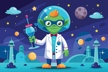 Poster - A cheerful green alien in a lab coat holds a futuristic gadget while standing on a vibrant planet filled with colorful celestial bodies