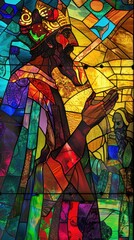 Wall Mural - A regal figure prays with a serene expression amidst vibrant stained glass colors