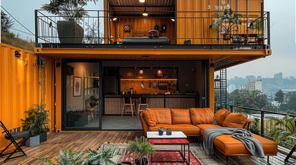 Poster - A shipping container home with an open floor plan, The exterior is yellow metal and the interior has a red sofa set. modern style. a bar inside the living room and a balcony above it. Generative AI.