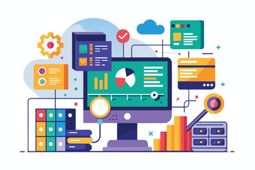 Wall Mural - A vibrant workspace showcases a desktop with various data visualizations, charts, and graphs, highlighting an engaging analysis and management activity