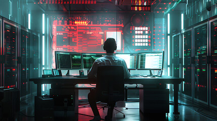 A male IT worker sits at his desk in front of computer monitors and looking computer screen, seen from behind and looking over the of an AI system that processes data on monitor displaying code
