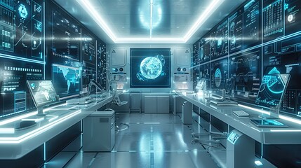 Poster - A high-tech laboratory with various digital objects, including a floating digital assistant, augmented reality tablets, and interactive data screens. Generative AI.