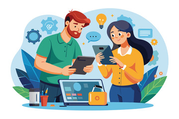 Poster - a man and woman inspect a device together, discussing repairs and solutions at a workspace filled wi