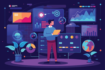 Poster - a man stands in a contemporary workspace, reviewing data visualizations and preparing to back up imp