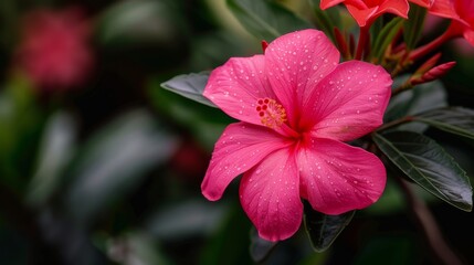 Poster - Pink Hibiscus Flower Blooming Amidst Green Leaves in Natural Light