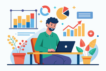 Poster - a man is focused on creating a sales strategy while analyzing graphs and data trends at his office d