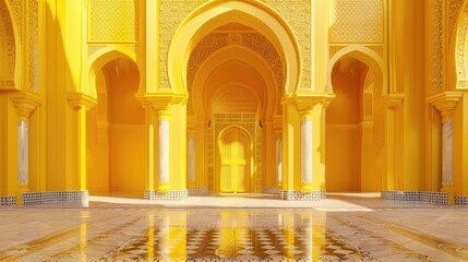 Aufkleber - A large yellow building with columns and a tiled floor, suitable for use in architectural or design contexts
