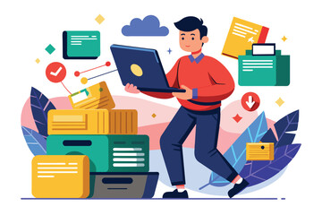 Poster - A young man is using a laptop to back up important digital files while surrounded by colorful storage items in a vibrant workspace