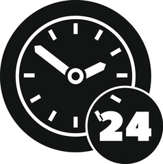 Poster - simple black and white icon of a clock face showing the concept of being open twenty four hours