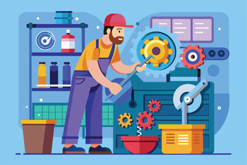 Poster - A man is conducting routine maintenance on machinery, ensuring everything operates smoothly in a well-equipped workshop