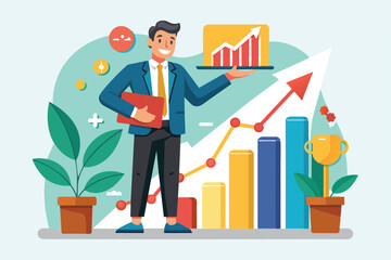 Poster - A man in a suit holds growth charts while standing in front of colorful data visuals, symbolizing success and progress in a professional setting