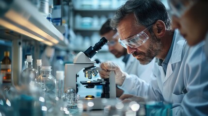 Poster - A scientists use microscopes in the laboratory. Generative AI.