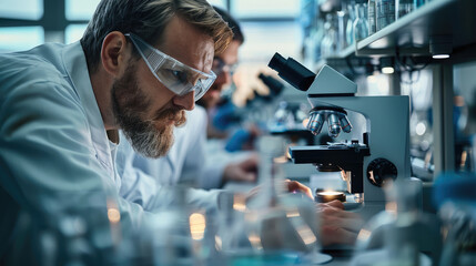 Aufkleber - A scientists use microscopes in the laboratory. Generative AI.
