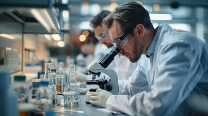Poster - A scientists use microscopes in the laboratory. Generative AI.