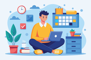 Poster - a man sits cross-legged with a laptop, focused on work, surrounded by a calendar, plants, books, and