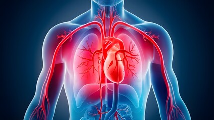 A detailed illustration of the human cardiovascular system, displayed in an anatomically accurate 3D model. 