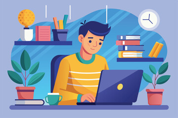 Poster - a young man focuses intently on his laptop while sitting in a bright study area filled with plants a