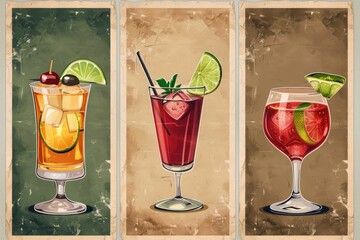 Aufkleber - A selection of colorful cocktails garnished with lime wedges and cherries, perfect for a party or special occasion