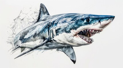 An intense graph of shark attacking, teeth bared and eyes focused, on illustration a pristine white background