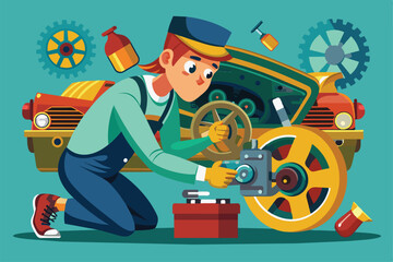Poster - A mechanic inspects engine components and assesses damage on a classic car in a well-lit workshop, surrounded by tools and car parts