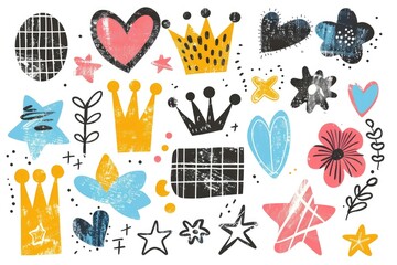 Poster - Illustrative doodles featuring hearts, crowns, and stars for various uses